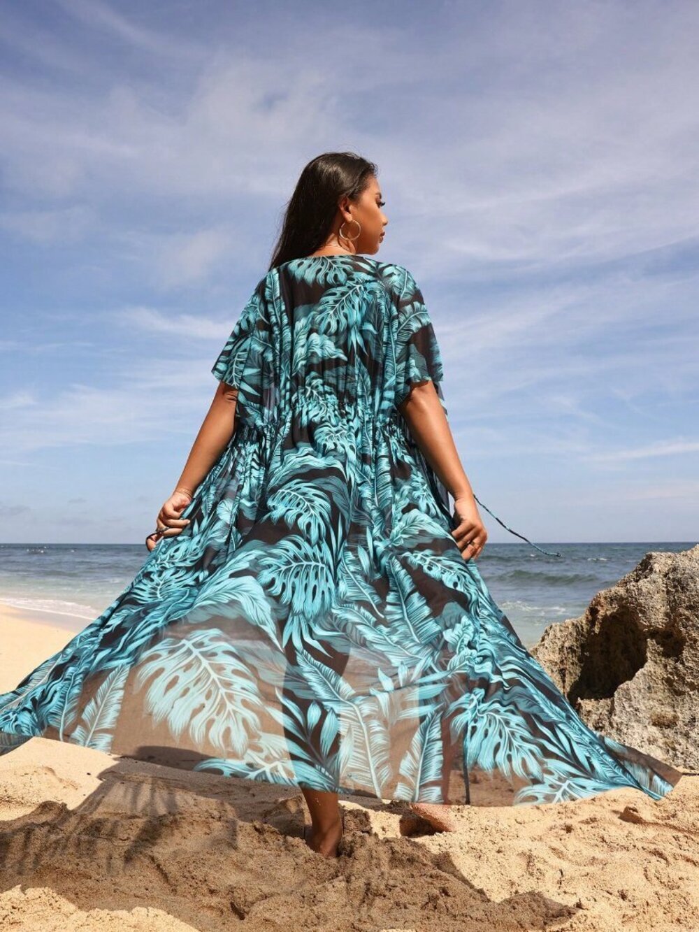 Multicolor Plus Size Beach  Tropical Printed Waist Tie Women's Kimono coverup